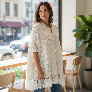 Hand Knit Longline Fringed Poncho/Sweater/Shawl/Cape L/XL White 148P
